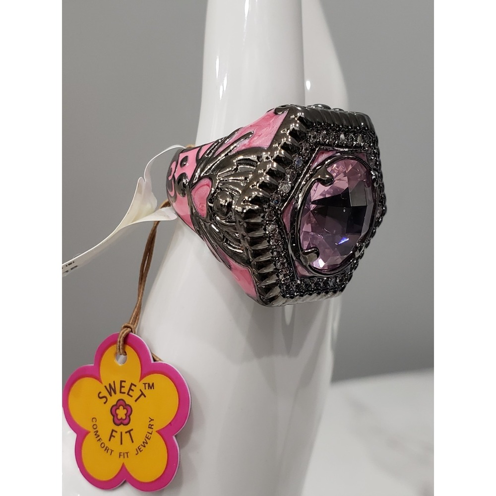 Lauren G Adams PINK ruthenium plate COCKTAIL RING goth witch renaissance ENAMEL